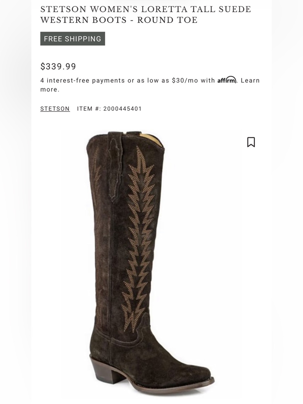 Stetson Dark Brown Suede Cowboy Boots